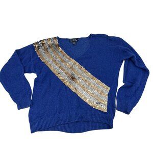 Le Chois Vintage Blue Sweater Gold Silver Sequin Stripe Rabbit Hair Blend‎ Med